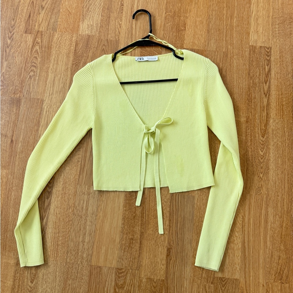 Zara Lemon Tie-Front Ribbed Crop Cardigan